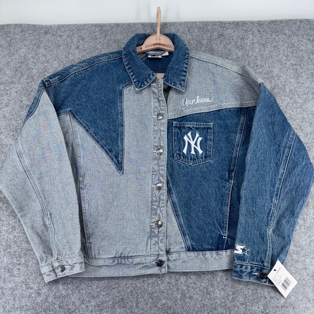 Starter New York Yankees Denim Jacket Womens Med Colorblock Star Patchwork NWT